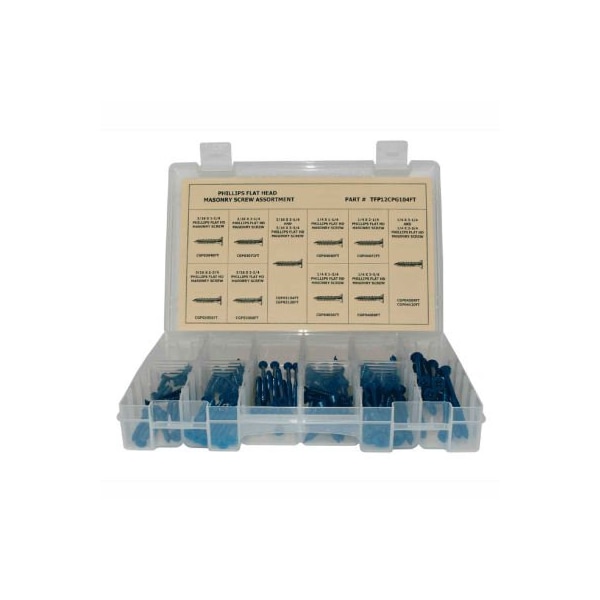 160 Piece Masonry Screw Assortment - No 10 (3/16) to 1/4" - Phillips Flat Head - Blue